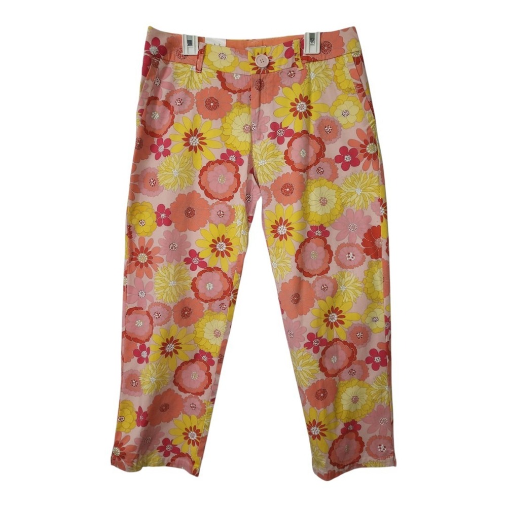 💕Izod Cropped Pants Women 4w Plus Pink Floral‎ Flat Front High Rise Cotton Cas